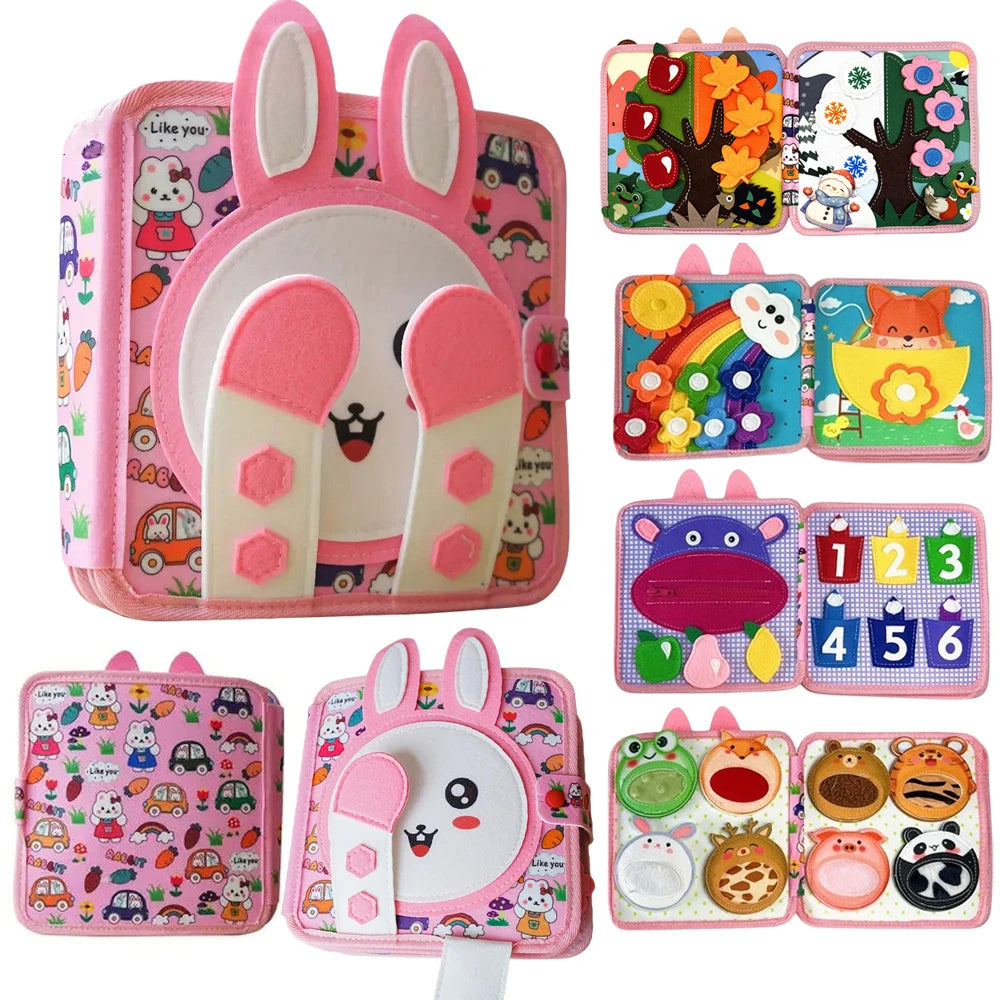 Collection of educational toys with cartoon designs on a pink background