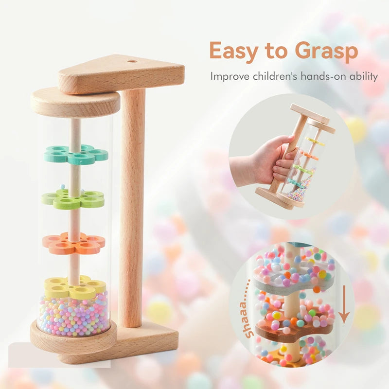 Wooden educational toy with colorful beads and text 'Easy to Grasp' on a light background