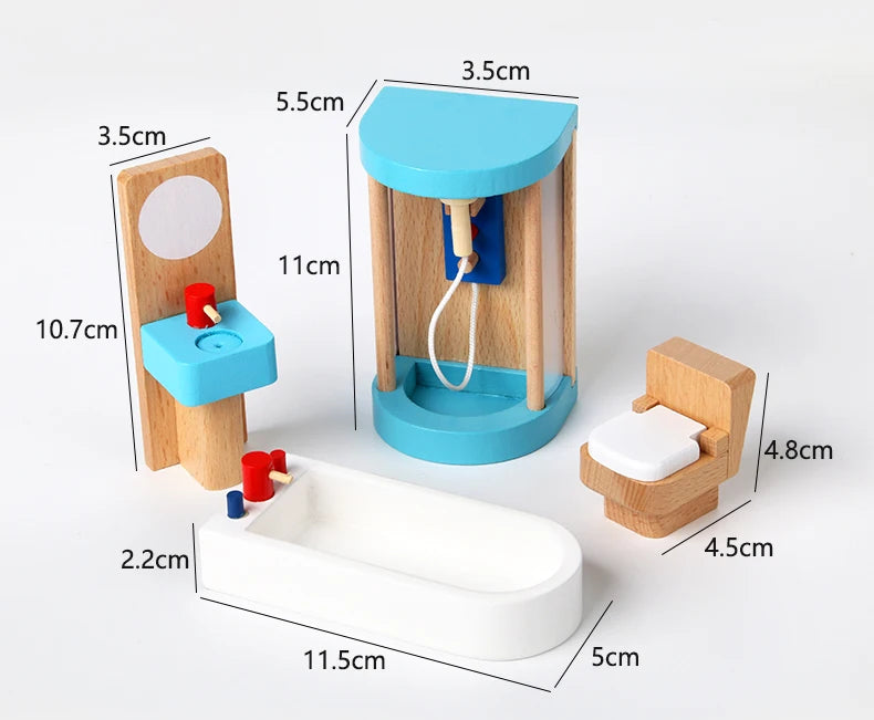 Wooden toy bathroom set with measurements on a white background