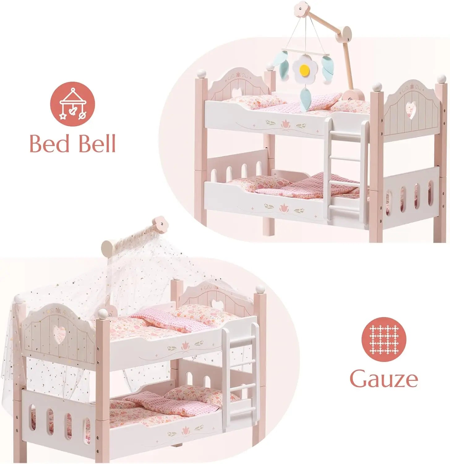 Children's wooden bunk bed with pink bedding and mobile, labeled 'Bed Bell' and 'Gauze'.
