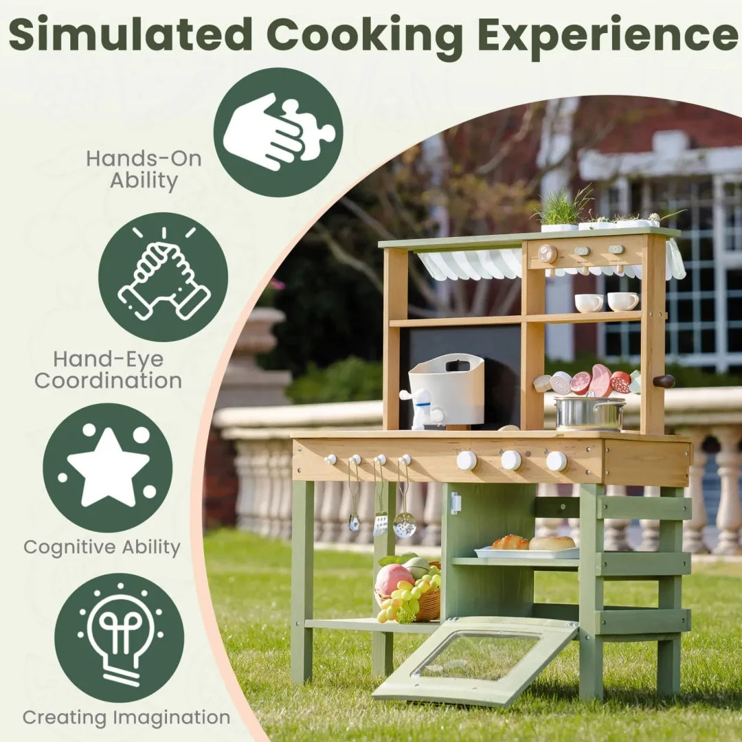 Children's wooden play kitchen set with accessories on a grassy area, labeled 'Simulated Cooking Experience'.