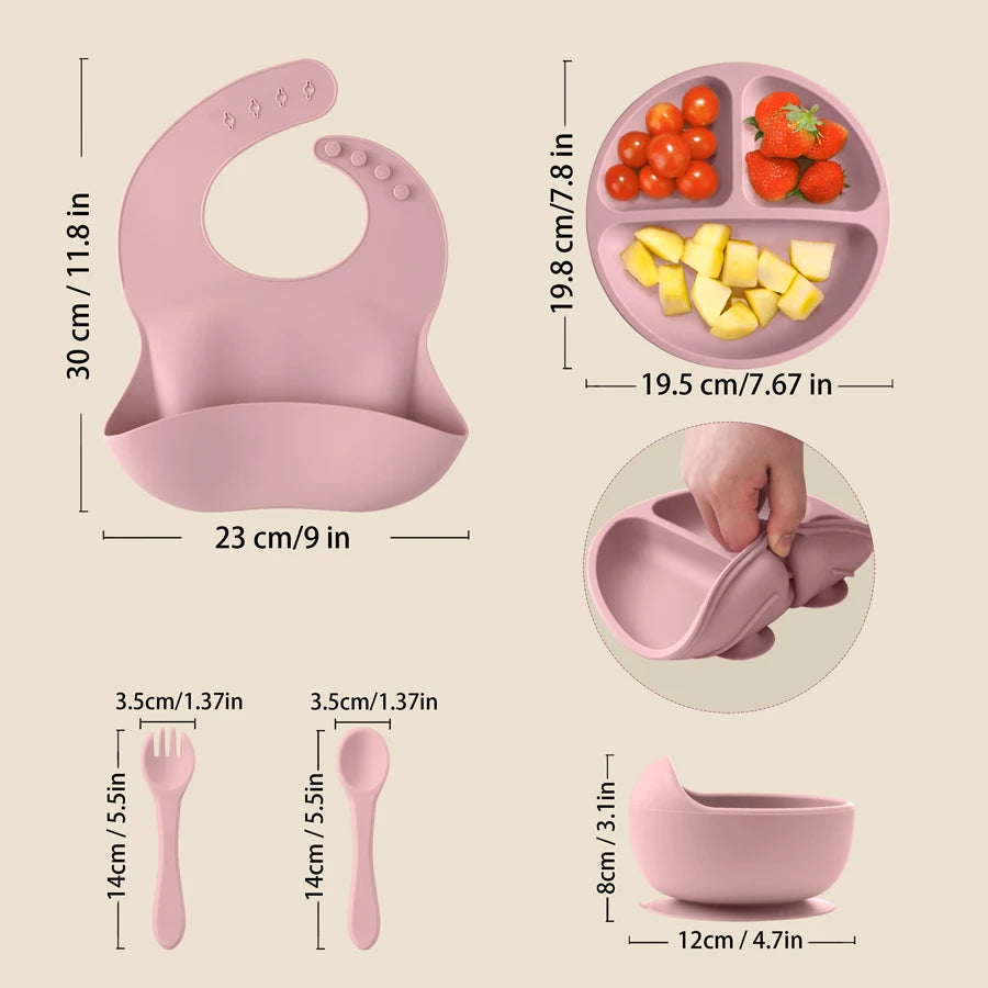 Bib 30 x 23cm, plate 19.5 x 19.8cm, bowl 12cm, spoon and fork 14cm