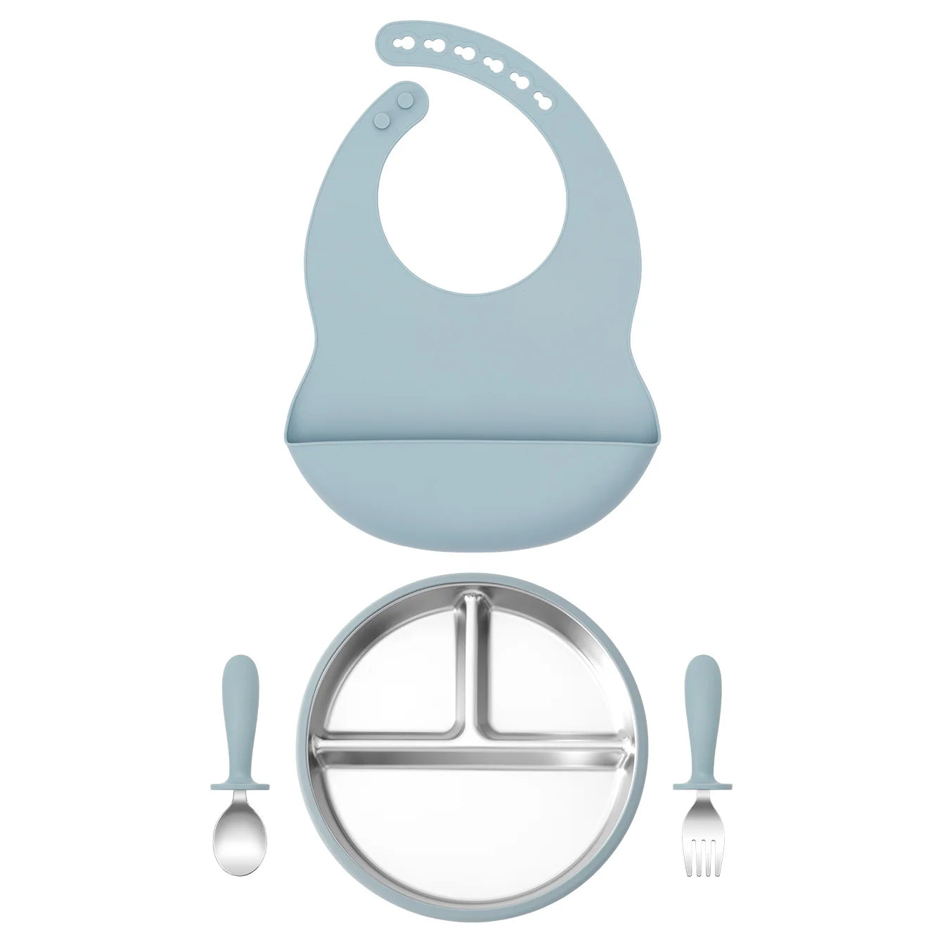 4-Piece Stainless Steel Silicone Feeding Set with Divided Plate and Bib