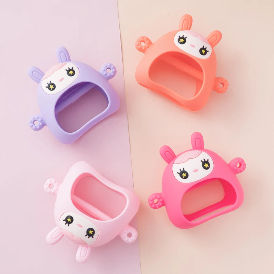 Bunny teething mittens in lavender, coral, light pink and hot pink