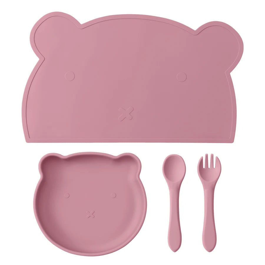 Powder rose bear placemat, plate, spoon and fork