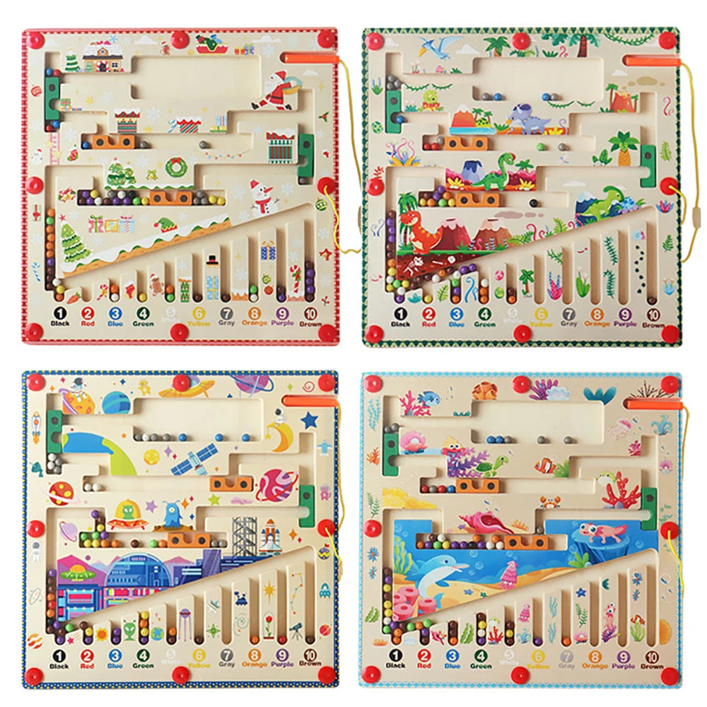 Four wooden maze toys with colorful designs and illustrations on a white background.