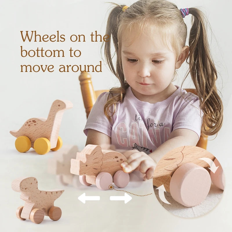 Child playing with a wooden toy, with text indicating 'Wheels on the bottom to move around'.