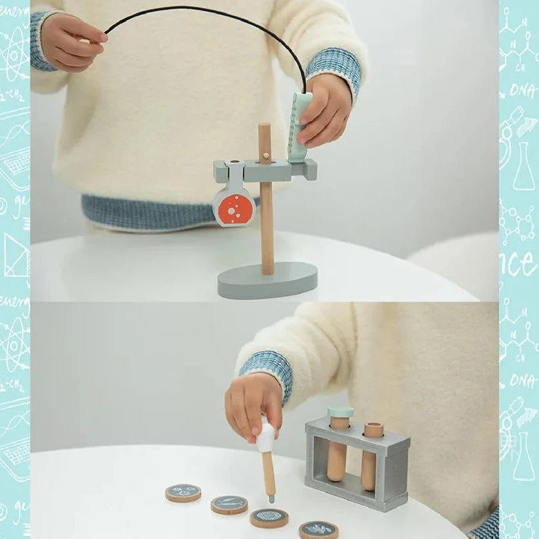 Child engaging with the Pretend Play Microscope Set, featuring wooden experimental tools, promoting curiosity and interactive learning for young aspiring biologists.