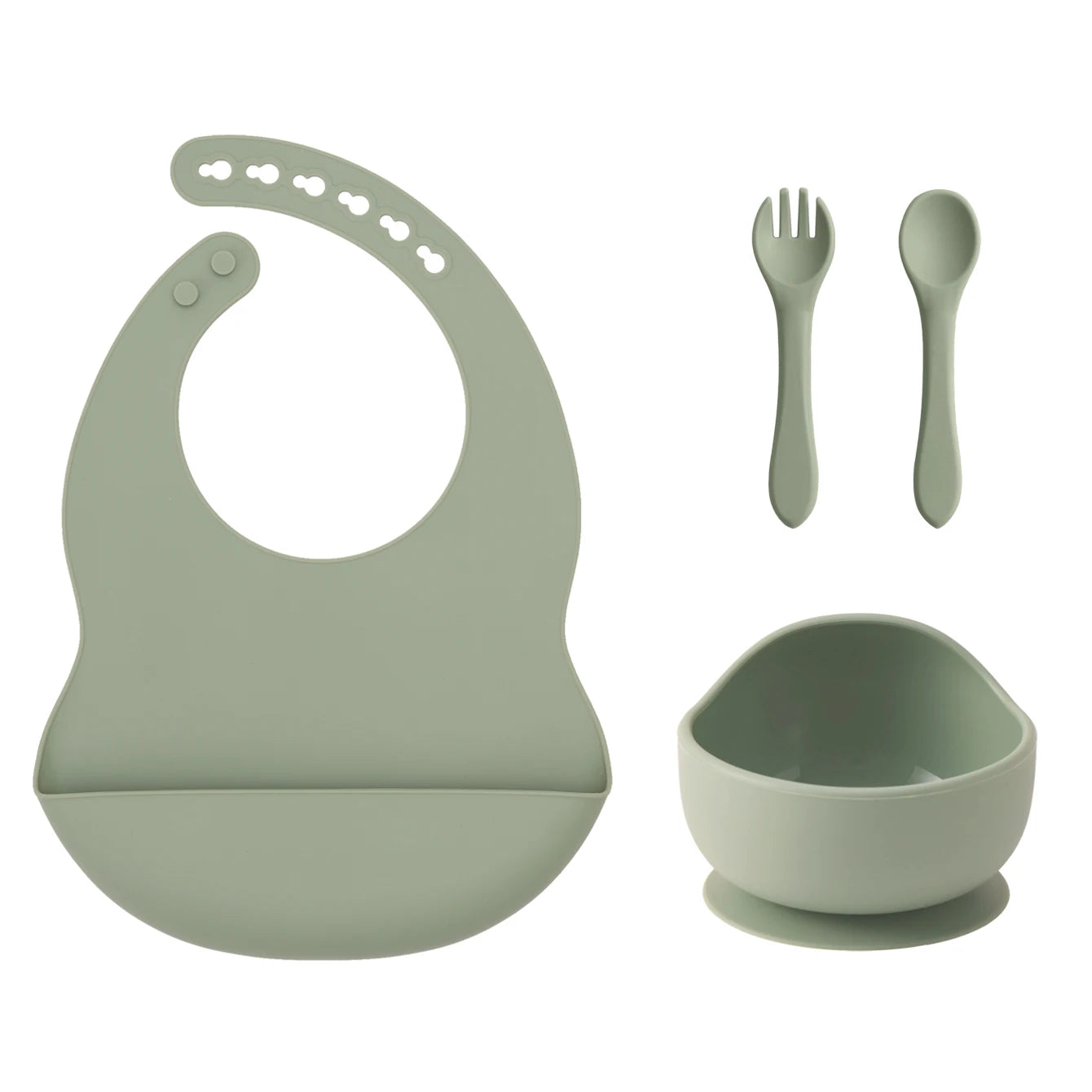 Sage silicone bib, suction bowl, spoon and fork set