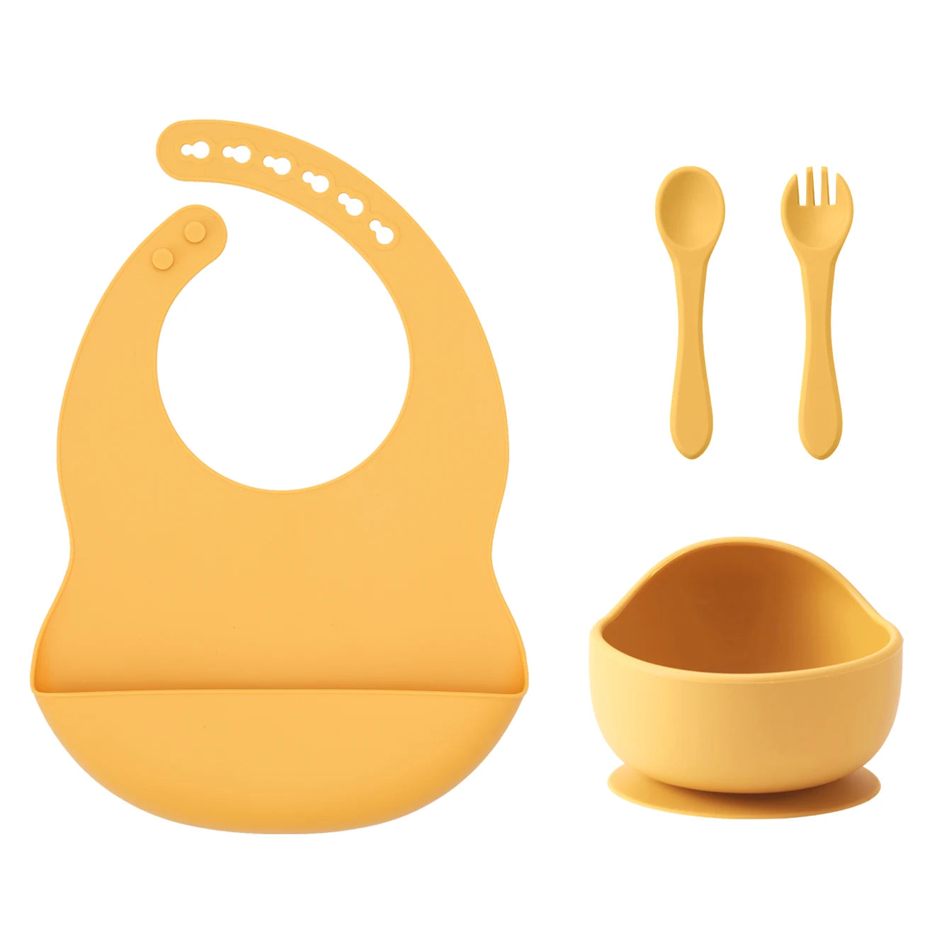 Mustard silicone bib, suction bowl, spoon and fork set
