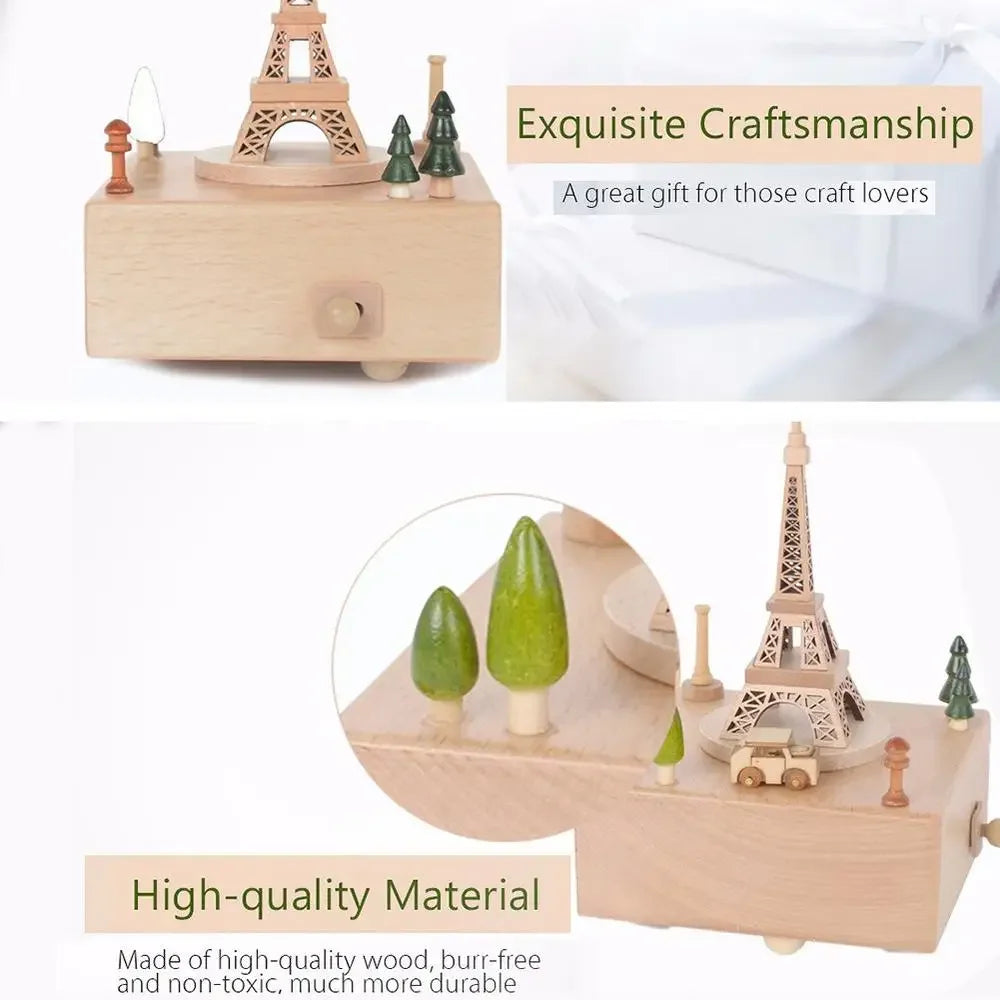 Wooden music box with Eiffel Tower and trees, labeled 'Exquisite Craftsmanship' and 'High-quality Material'. | Oliver & Company Montessori Toys