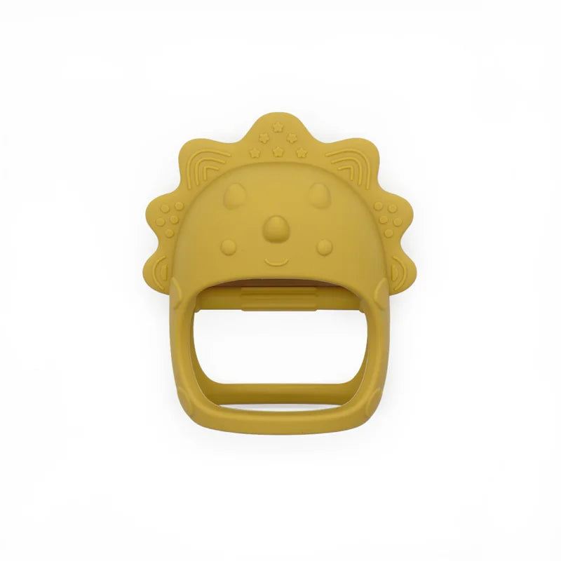 Yellow dinosaur-shaped teether on a white background