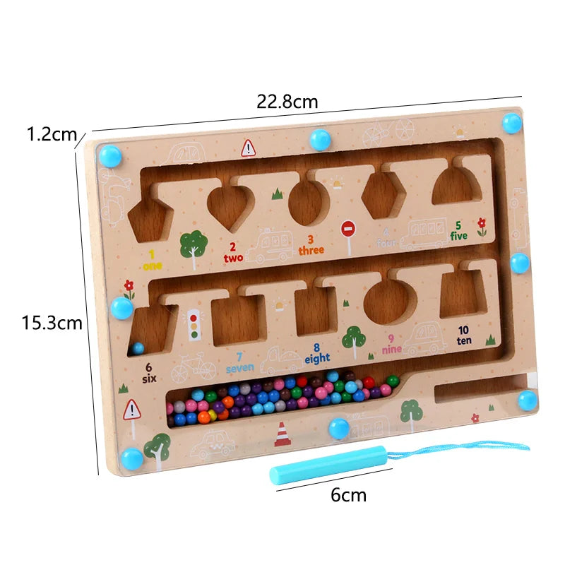 Wooden educational toy with colorful beads and measurements on a white background