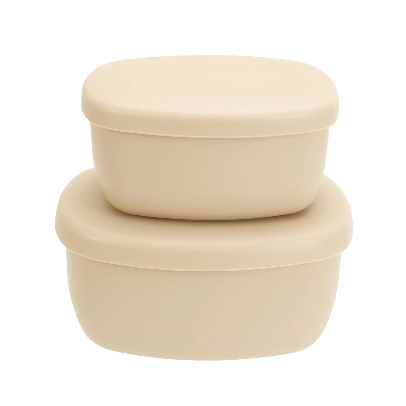 Two cream silicone food containers with lids