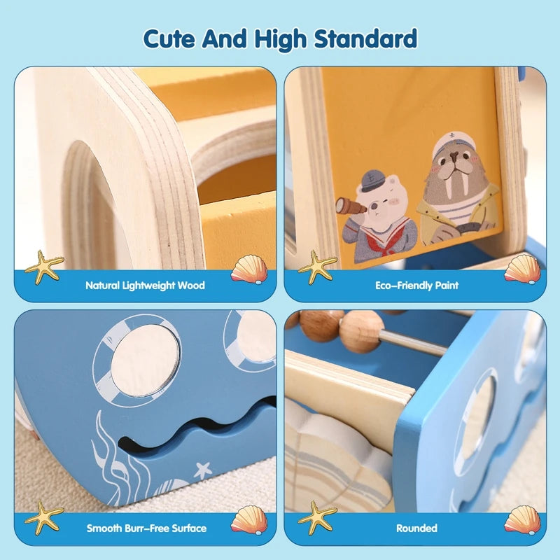 Wooden toy with sea-themed design featuring a bear and seal, labeled as eco-friendly and safe for children.