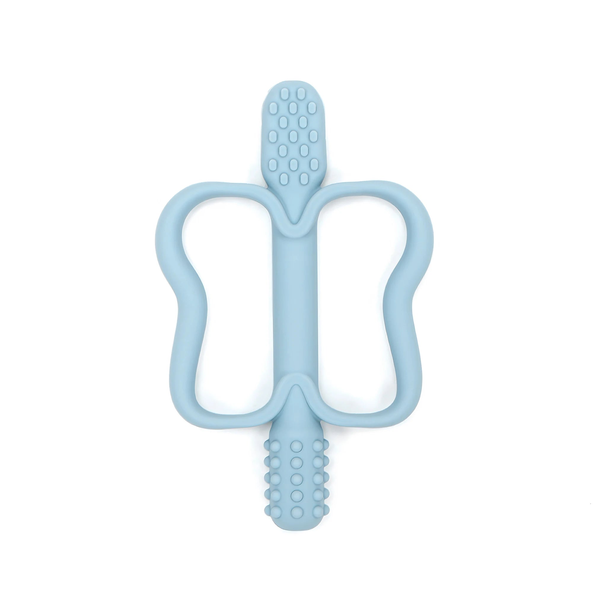 Light blue butterfly-shaped baby teether on a white background
