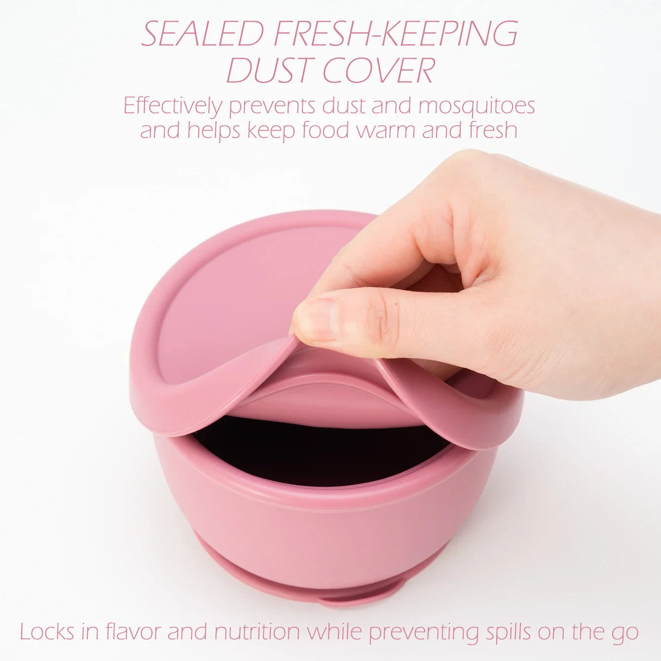 Hand lifting the fitted silicone lid off a rose suction bowl