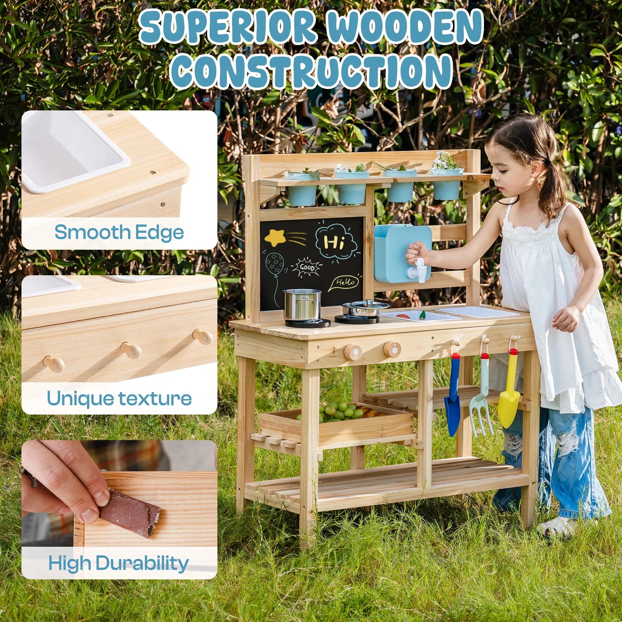 Wooden Outdoor Mud Kitchen with Water Pump and Chalkboard