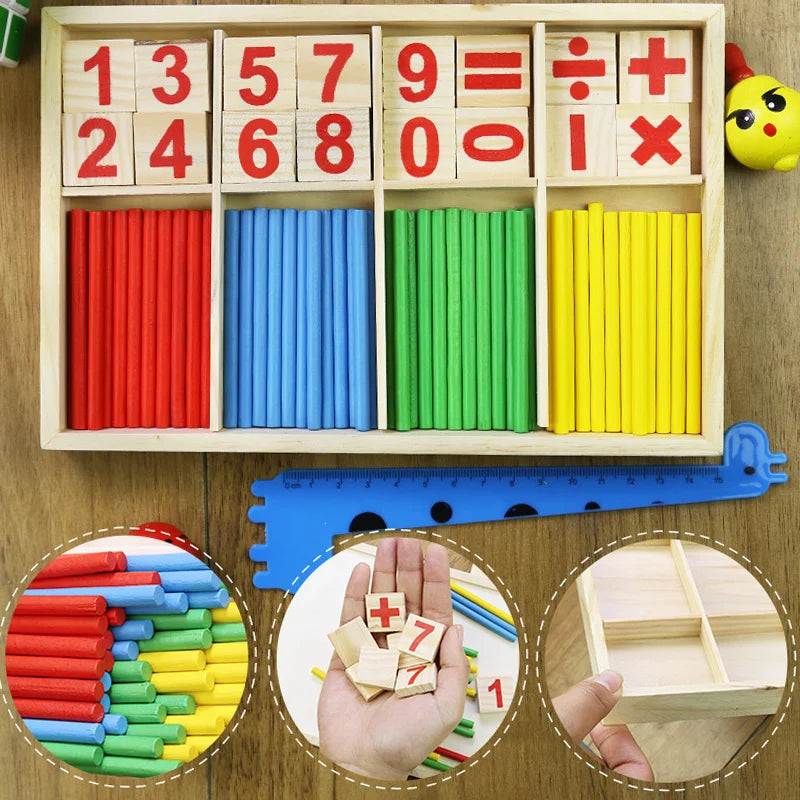 Wooden math educational set with numbers, rods, and a ruler on a wooden surface.