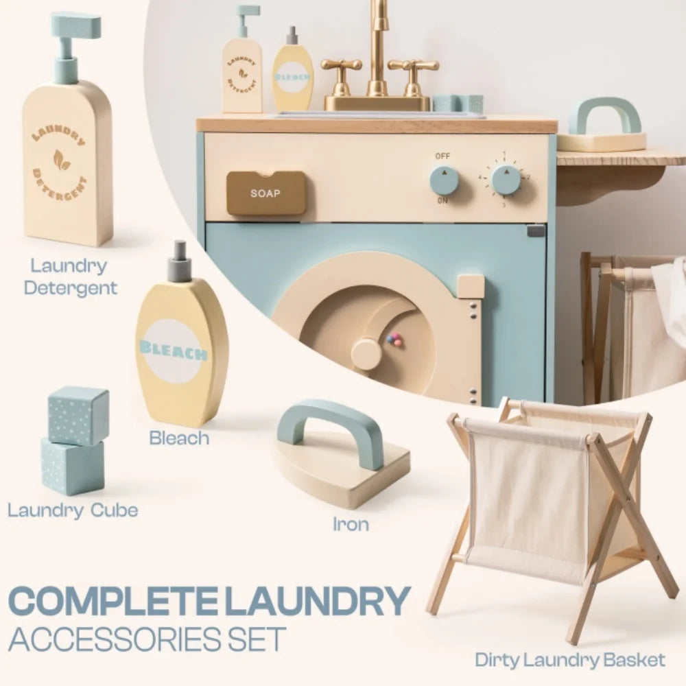 Toy laundry set with washing machine, detergent bottles, and accessories on a white background