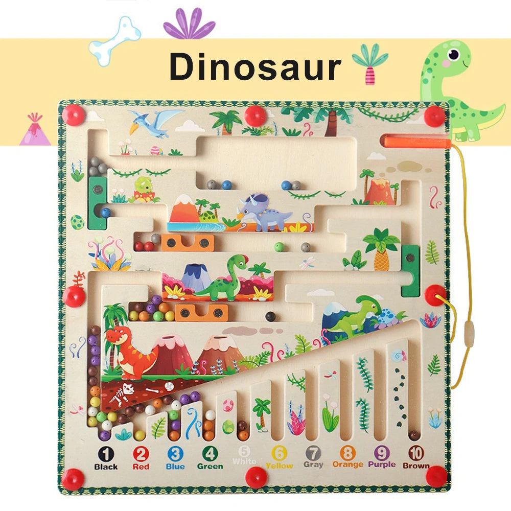 Wooden maze toy with dinosaur theme and colorful elements on a white background