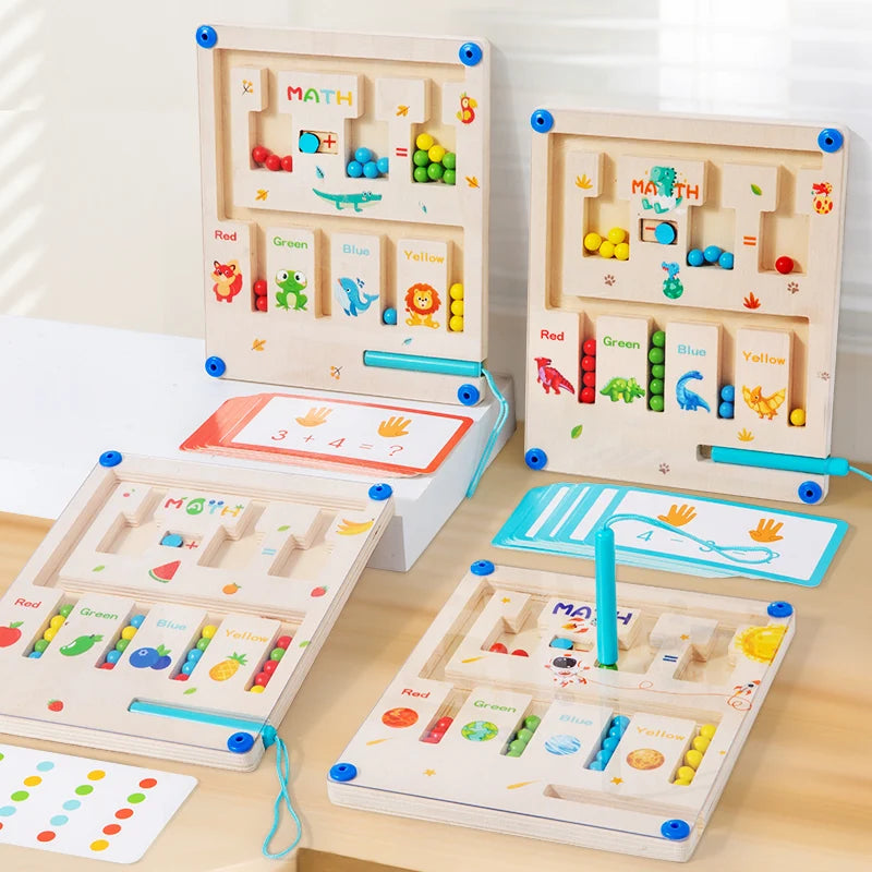 Educational toy set with multiple boards on a wooden surface