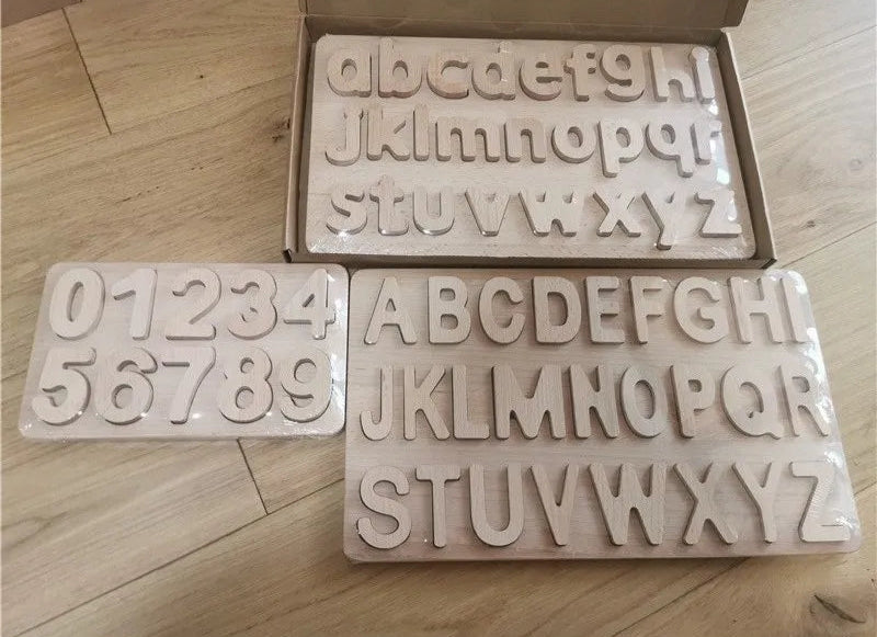 Wooden letters and numbers set on a wooden floor