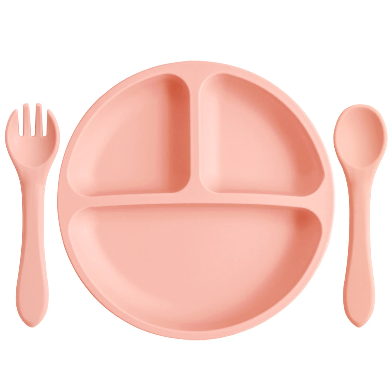 Muted Coral round divided plate with matching spoon and fork