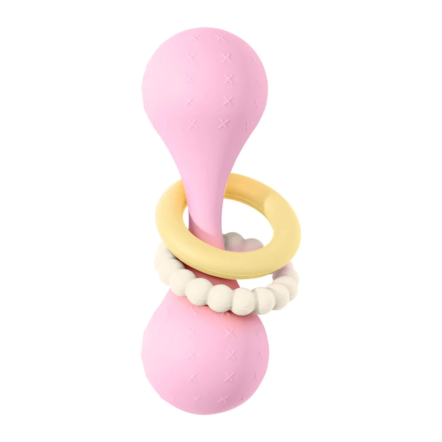 Soft silicone baby teether with rattle rings. Safe, BPA-free & easy to hold. Ideal for teething relief and sensory play. Blue & pink available.

