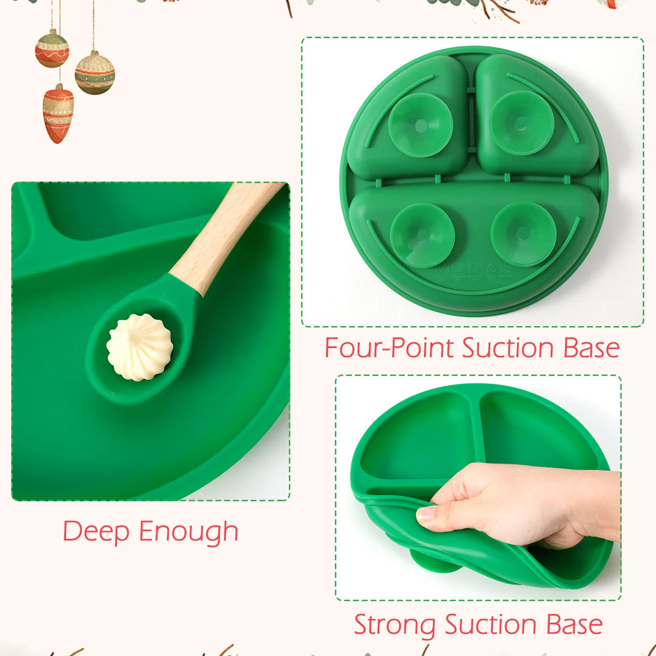 Close-up of the plate's deep sections, four-point suction base and spoon tip
