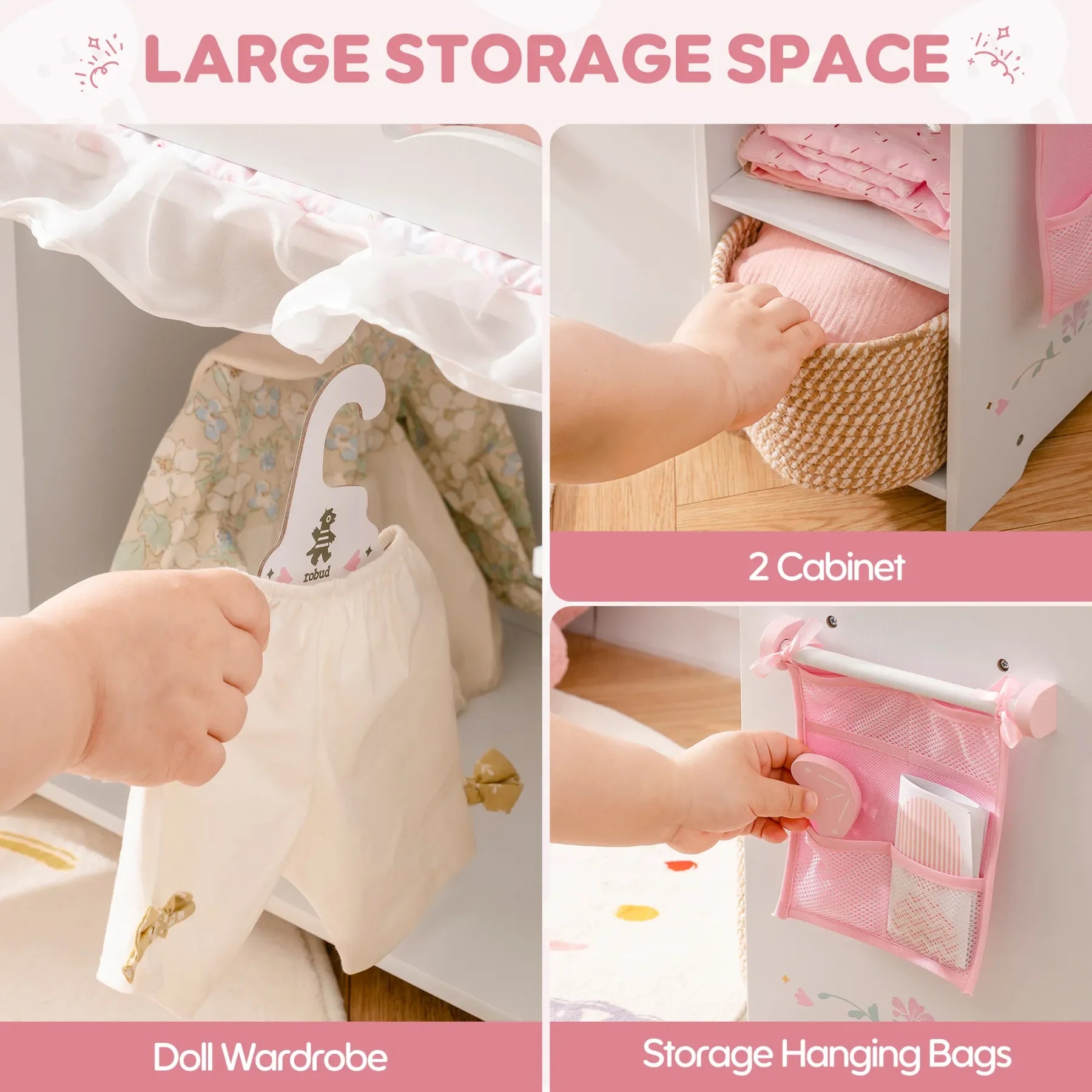 Collage of doll wardrobe and storage hanging bags with text indicating large storage space.
