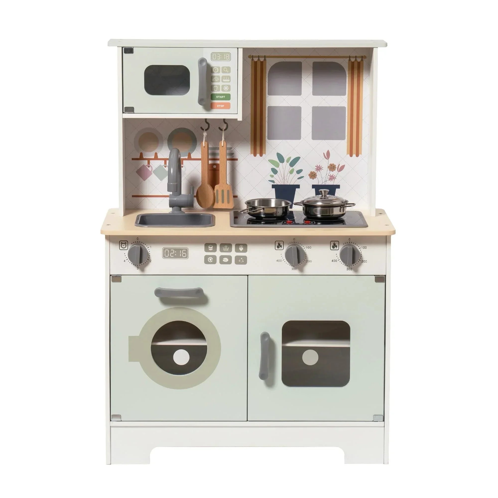 Children's toy kitchen set with various appliances on a white background