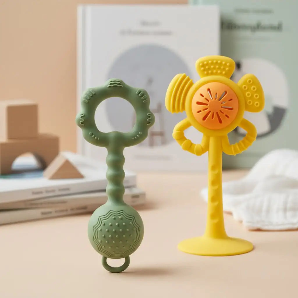 Two silicone baby teething toys on a soft beige surface with blurred books and a cloth in the background. One toy is sage green with a ring handle and textured ball base.