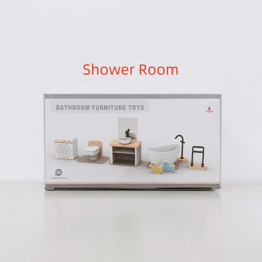 Box of bathroom furniture toys with 'Shower Room' text on a white background