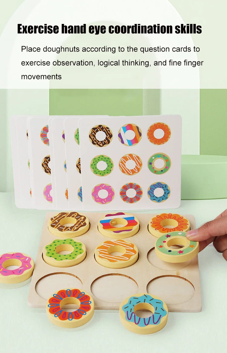 Wooden donut puzzle with matching question cards on a white background