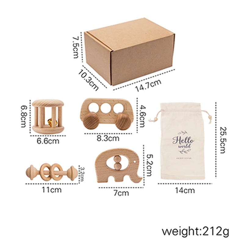 Wooden baby toys with measurements and a pouch labeled 'Hello world' on a white background