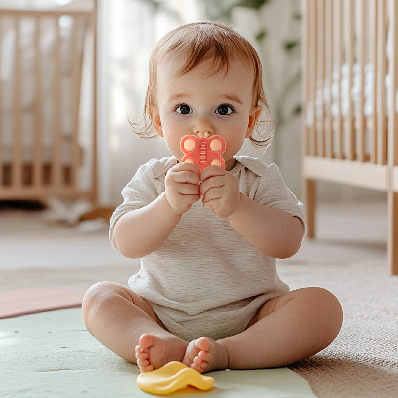Baby chewing a coral butterfly silicone teether