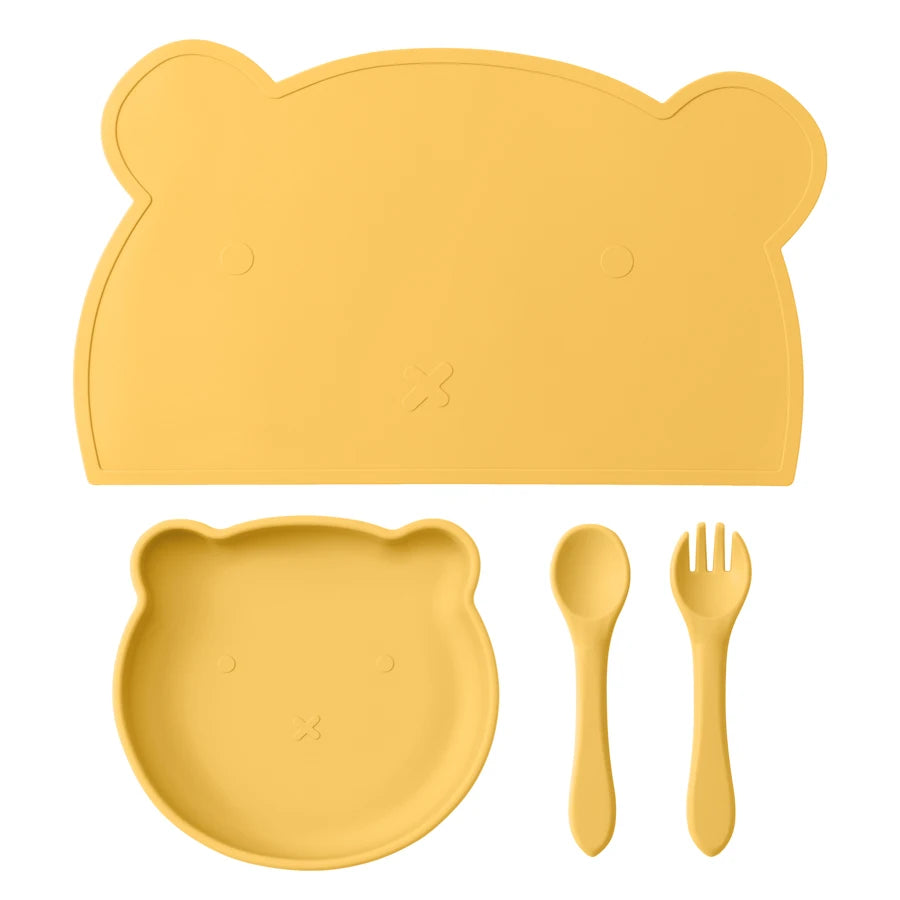 Mustard bear placemat, plate, spoon and fork