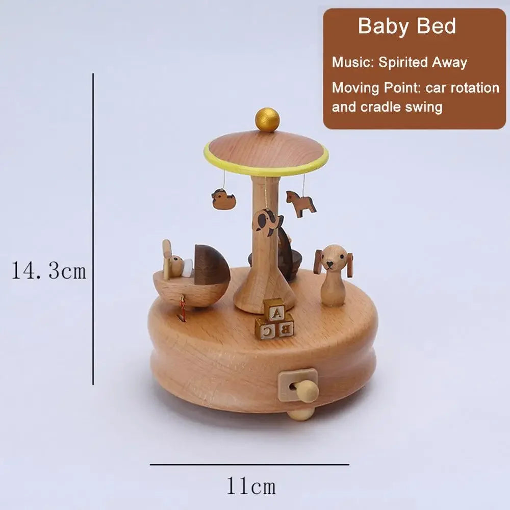 Wooden baby bed toy with animal figures and measurements on a light purple background | Oliver & Company Montessori Toys