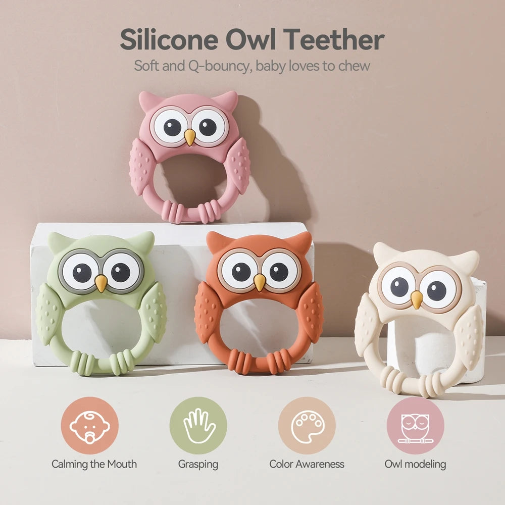 Set of colorful silicone owl teething toys with text on a beige background