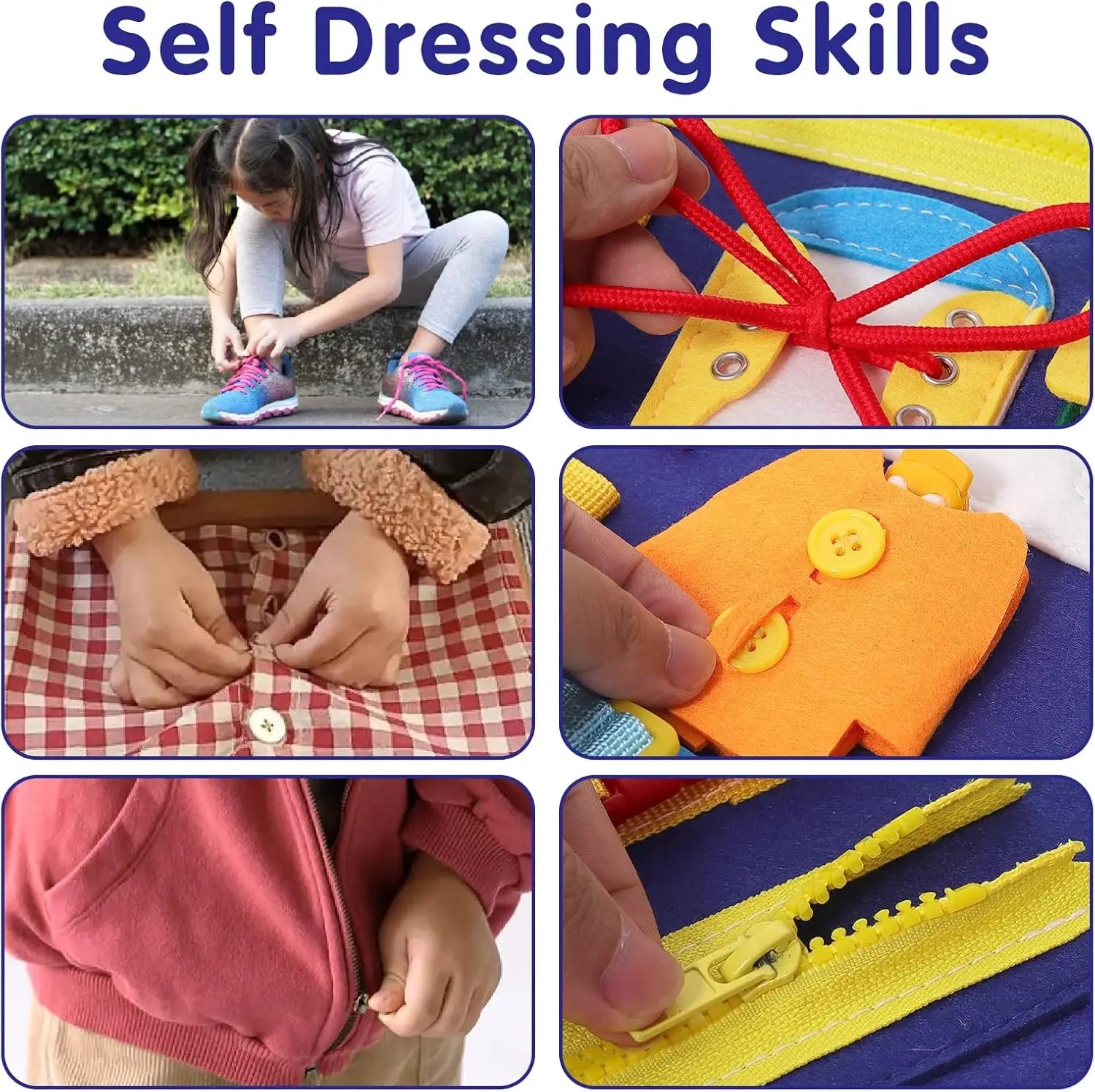 Collage of images showing self-dressing skills with various activities like tying shoelaces, buttoning a shirt, and zipping a jacket.