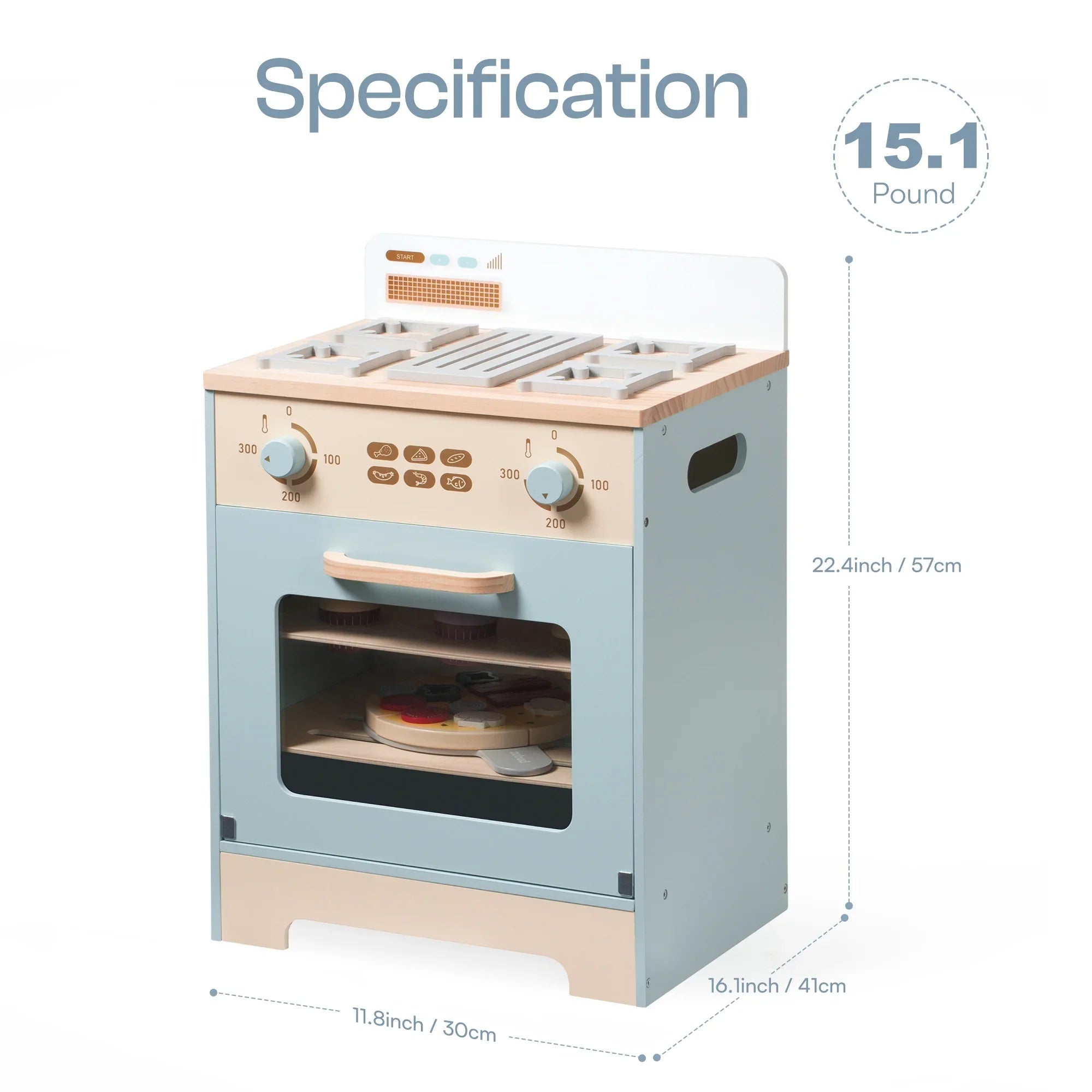 Wooden toy kitchen stove with measurements and weight on a white background