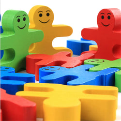 Children's Wooden Interlocking Building Blocks Puzzle, featuring colorful wooden figures, ideal for enhancing problem-solving and motor skills through creative play and experimentation.