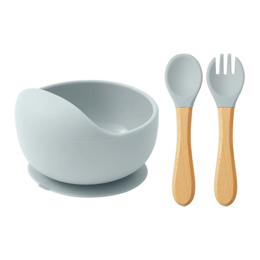 Light Grey silicone suction bowl with wooden spoon and fork