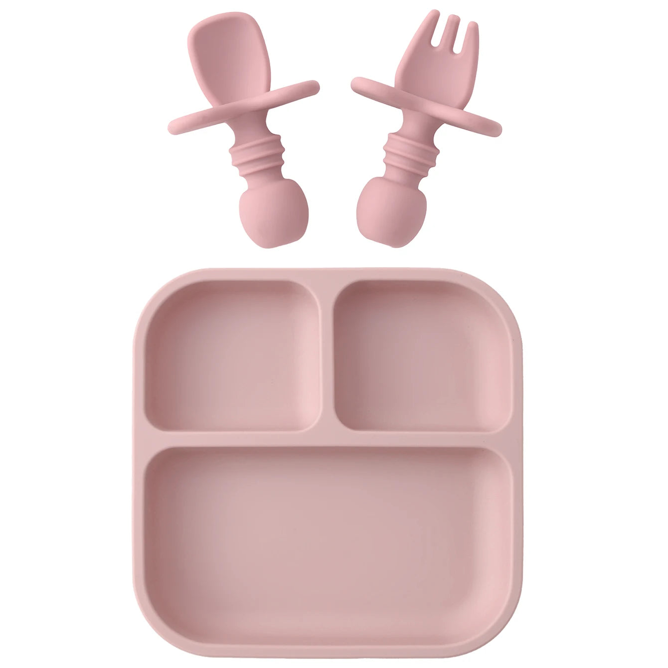 Pink children's plate with fork and spoon on a white background
