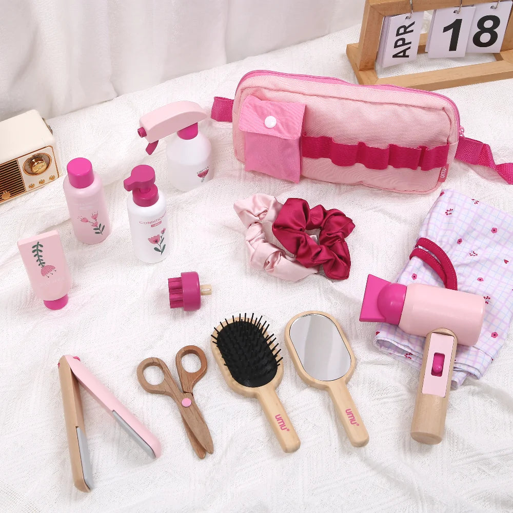Collection of hair care products including bottles, a hair dryer, and tools on a white surface.