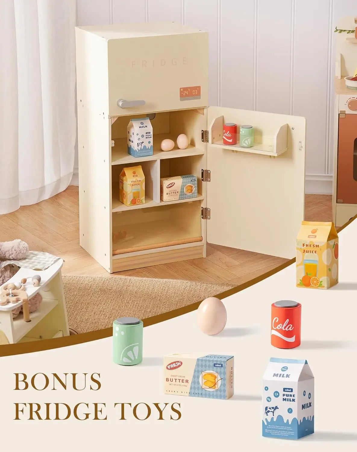 Wooden toy refrigerator with various toy food items on a light wooden floor.