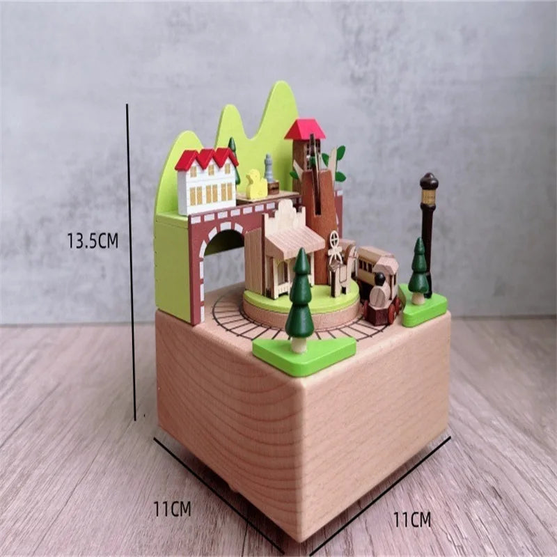 Wooden Forest Train Music Box – Wind-Up Clockwork Village Scene | Oliver & Company Montessori Toys