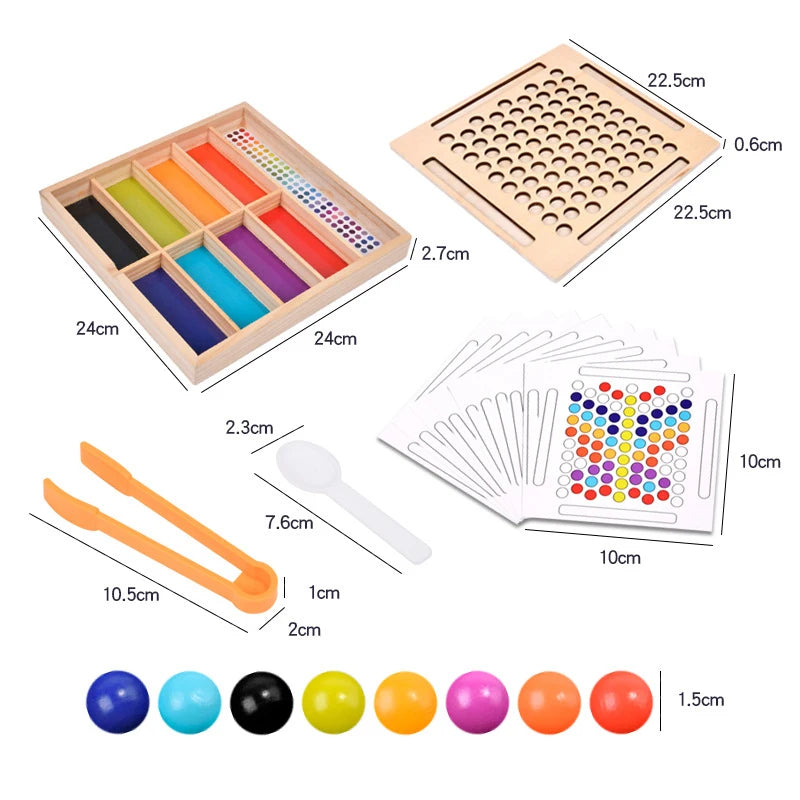 Montessori educational materials with dimensions and color samples.