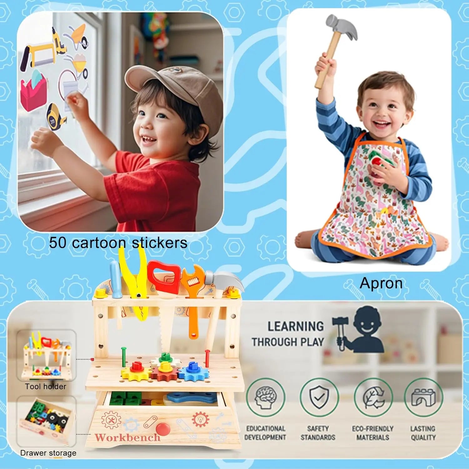 Wooden Tool Bench for Kids Pretend Play Construction Toy